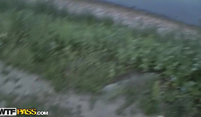 Horny brunette nubile sucks him off and gets pounded balls deep in the nature