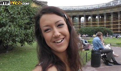 Horny brunette nubile sucks him off and gets pounded balls deep in the nature