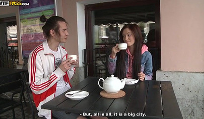 Dashing petite nubile Julie Vee sucks his cock and takes it deep in her tiny pussy