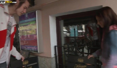 Dashing petite nubile Julie Vee sucks his cock and takes it deep in her tiny pussy