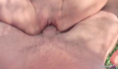 Cute German teen is fucked outdoors and gets her cute twat smeared in semen