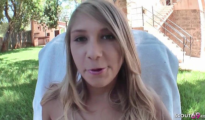 Cute German teen is fucked outdoors and gets her cute twat smeared in semen