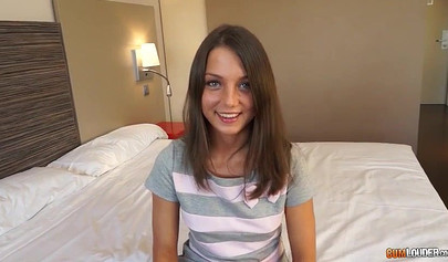 Tiny brunette teenie sucks a massive cock and takes it deep in her tight asshole