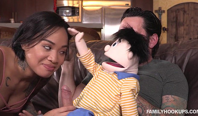 Tattooed Asian nubile slobbers all over his hard cock before being railed rough