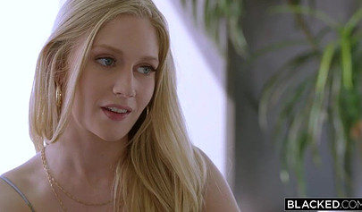 Blonde teen Emma blows a black guy, takes his BBC and lets him cum on his thigh