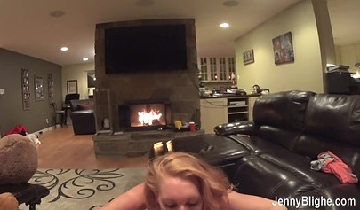 Dazzling blonde teenie giving a long wet blowjob before having her pussy stuffed