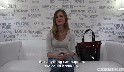 Amateur teenie with perky tits swallowing a hard cock and riding it on an audition