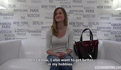 Amateur teenie with perky tits swallowing a hard cock and riding it on an audition