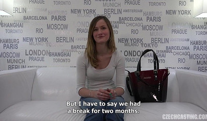 Amateur teenie with perky tits swallowing a hard cock and riding it on an audition