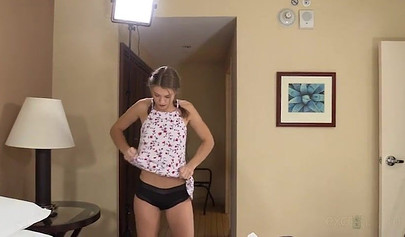 Innocent young nubile giving a sloppy blowjob before having her tiny ass hammered