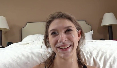 Innocent young nubile giving a sloppy blowjob before having her tiny ass hammered