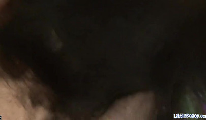 Skinny brunette teens gets on her knees and sucks a big fat cock and chokes