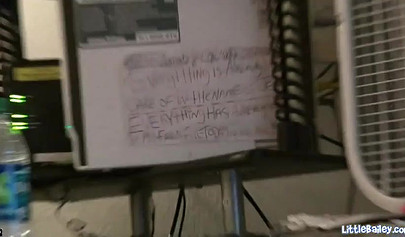 Skinny brunette teens gets on her knees and sucks a big fat cock and chokes