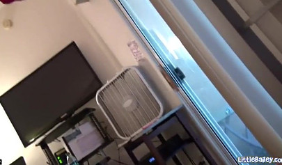 Skinny brunette teens gets on her knees and sucks a big fat cock and chokes