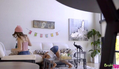 Teen nympho drops down to her knees and takes a fat cock inside of her cute face