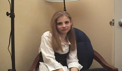 Teen with cute face and small titties grips a fat cock and sucks on it real hard