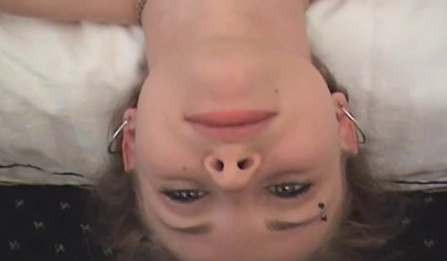 Teen with cute face and small titties grips a fat cock and sucks on it real hard