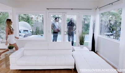 Skinny blonde teenie gets her holes demolished by a horny pair of black dudes