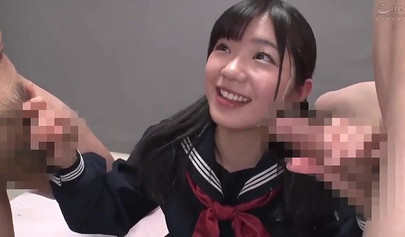 Japanese teen girl in school uniform seduces a bunch of men with her cute body