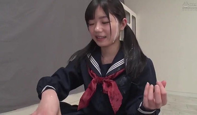 Japanese teen girl in school uniform seduces a bunch of men with her cute body