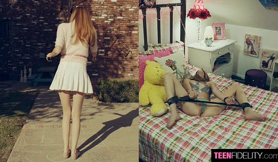 Skinny teen chick lays down and gets her tight little pussy drilled by her lover