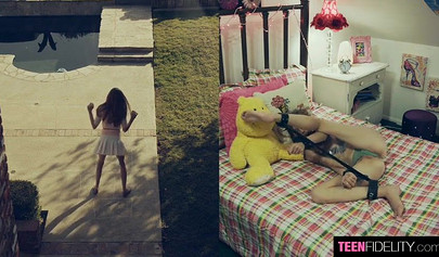 Skinny teen chick lays down and gets her tight little pussy drilled by her lover