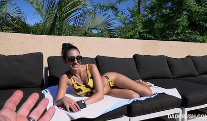 Hot teen blows stepdads big fat cock while he chills on the bed and then rides