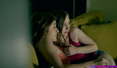 Beautiful teens licking each other and riding a hard cock after watching a movie