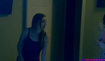 Beautiful teens licking each other and riding a hard cock after watching a movie