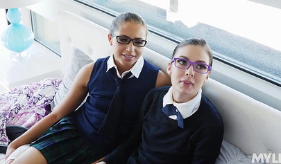 Two dazzling schoolgirl nubiles with glasses seduced and fucked by a hot MILF