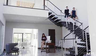 Two dazzling schoolgirl nubiles with glasses seduced and fucked by a hot MILF