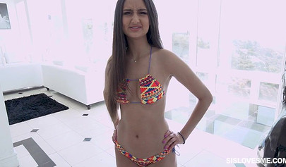 Naughty little teenie stepsis swallows a big fat cock and rides it balls deep