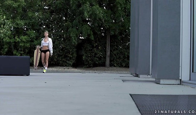 Skinny blonde teen takes a massive cock deep in her tiny throat and her tight ass