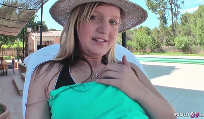 German Teen gets her ass fucked on a public beach, she gets a little taste later