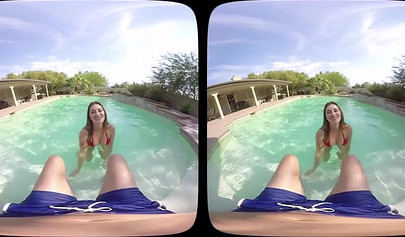 Beautiful brunette teenie Dani Daniels sucks a big cock and rides it by the pool