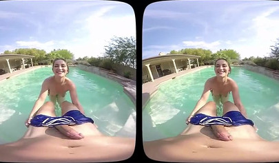 Beautiful brunette teenie Dani Daniels sucks a big cock and rides it by the pool