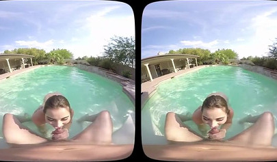 Beautiful brunette teenie Dani Daniels sucks a big cock and rides it by the pool