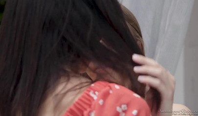 Gorgeous brunette nubile seduced by a busty mommy into licking pussy and fucking