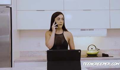 Ravishing black-haired teen hammered hard and sprayed with hot cum by a burglar