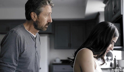 Beautiful black-haired teen enjoys oral sex with an older guy and gets fucked hard