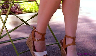 Brunette nubile with tiny tits gives a long and sloppy blowjob before being railed