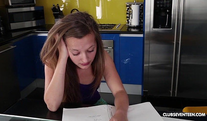 Young brunette nubile sucks his huge fat cock and rides him instead of studying