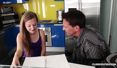 Young brunette nubile sucks his huge fat cock and rides him instead of studying