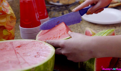 Lusty brunette teen swallows a big cock and gets fucked hard while being watched