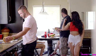 Lusty brunette teen swallows a big cock and gets fucked hard while being watched