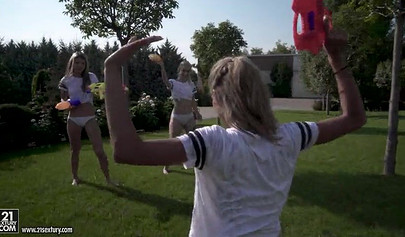 Beautiful skinny teens fingering their asses and pussies in a lesbian threesome