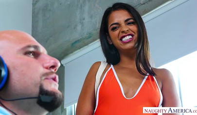 Tiny Latina teenie chokes on a huge cock and rides it after playing a video game