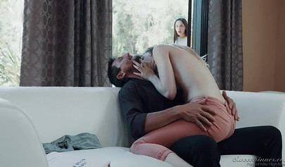 Pretty blonde teen slobbers on a big hard cock and gets her tight pussy hammered