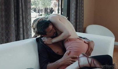 Pretty blonde teen slobbers on a big hard cock and gets her tight pussy hammered