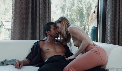 Pretty blonde teen slobbers on a big hard cock and gets her tight pussy hammered